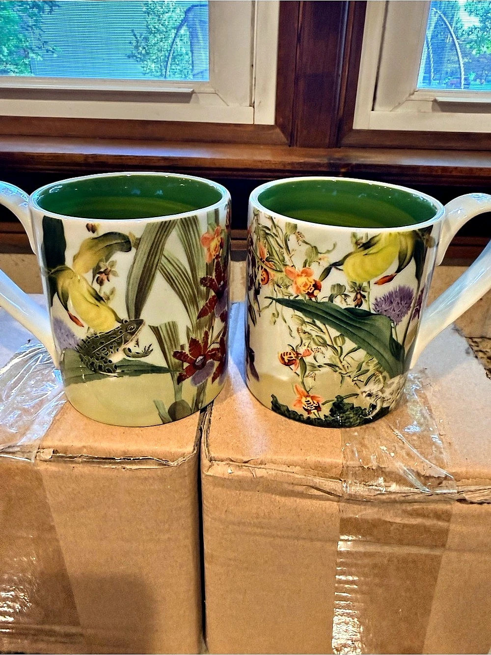 Anthropologie Floral Bird Mugs Set of 2 in White & Green NWT